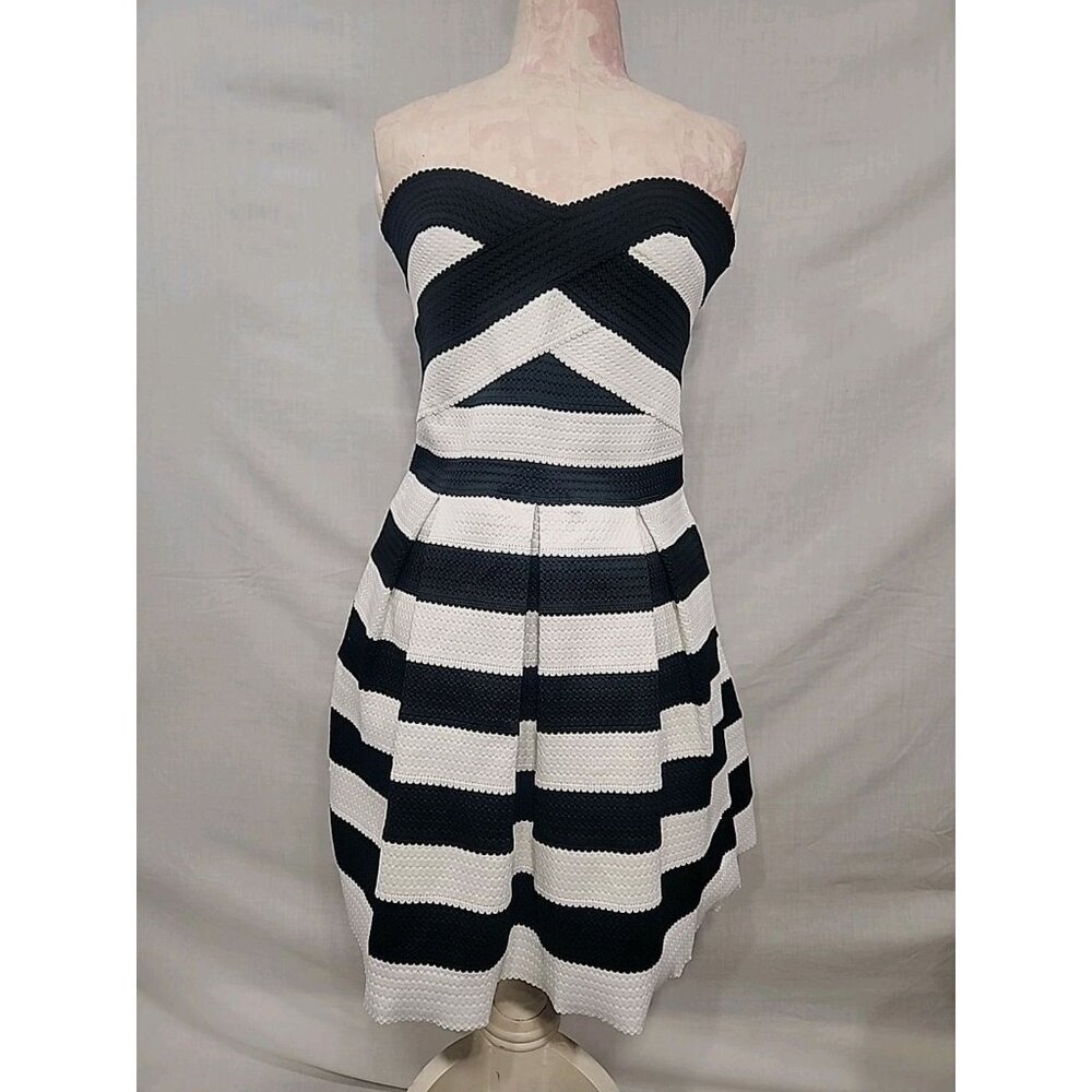 Express Strapless Black and White Striped Fit-and-Flare Dress